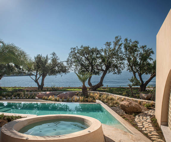 The Echo Of The Sea Beachfront Villa pool with trees and sea view